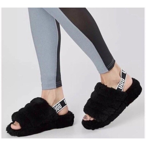 UGG Fluff Yeah Slide On Slippers Black Sherpa Slingback Plush Women’s Size 11 - Picture 2 of 10
